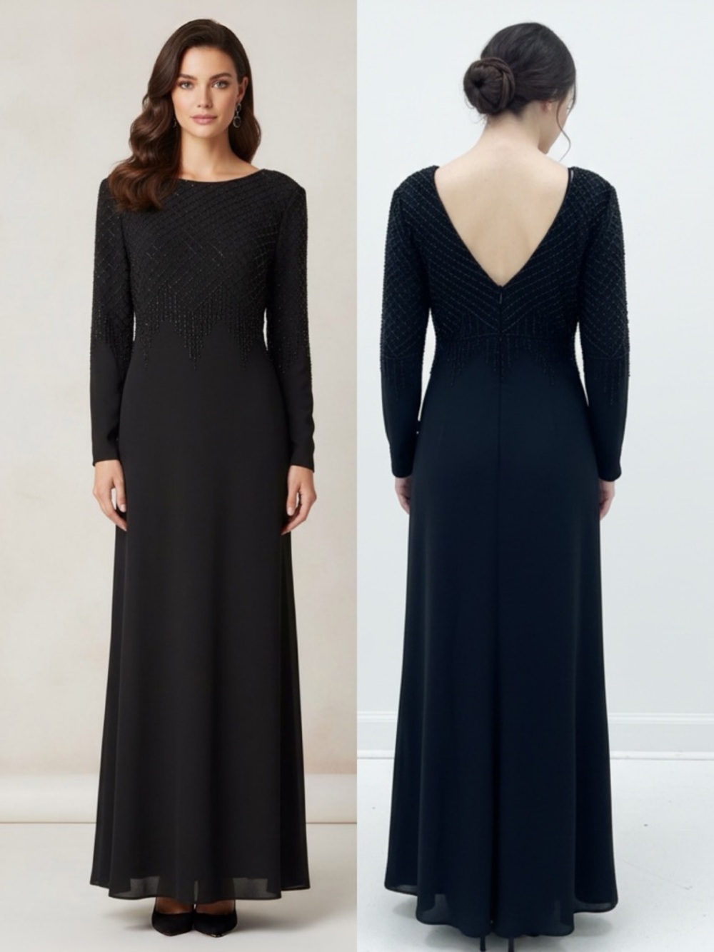 B’Zar Beaded Maxi Dress – Black Formal Gown Size 8